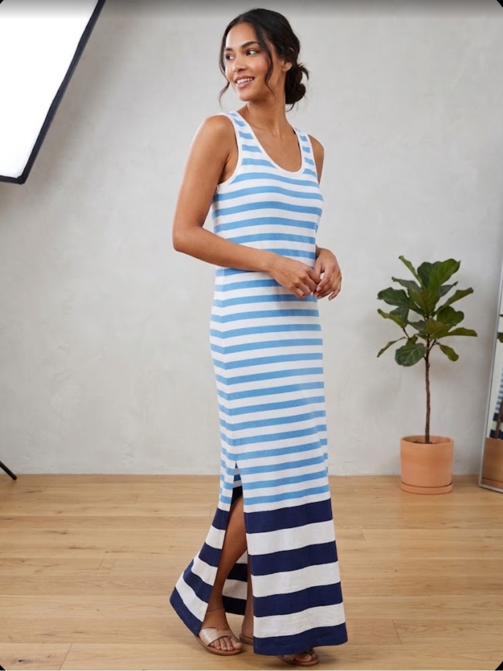 Vineyard Vines Light Blue & White Striped Tank Maxi Dress with Navy Hem